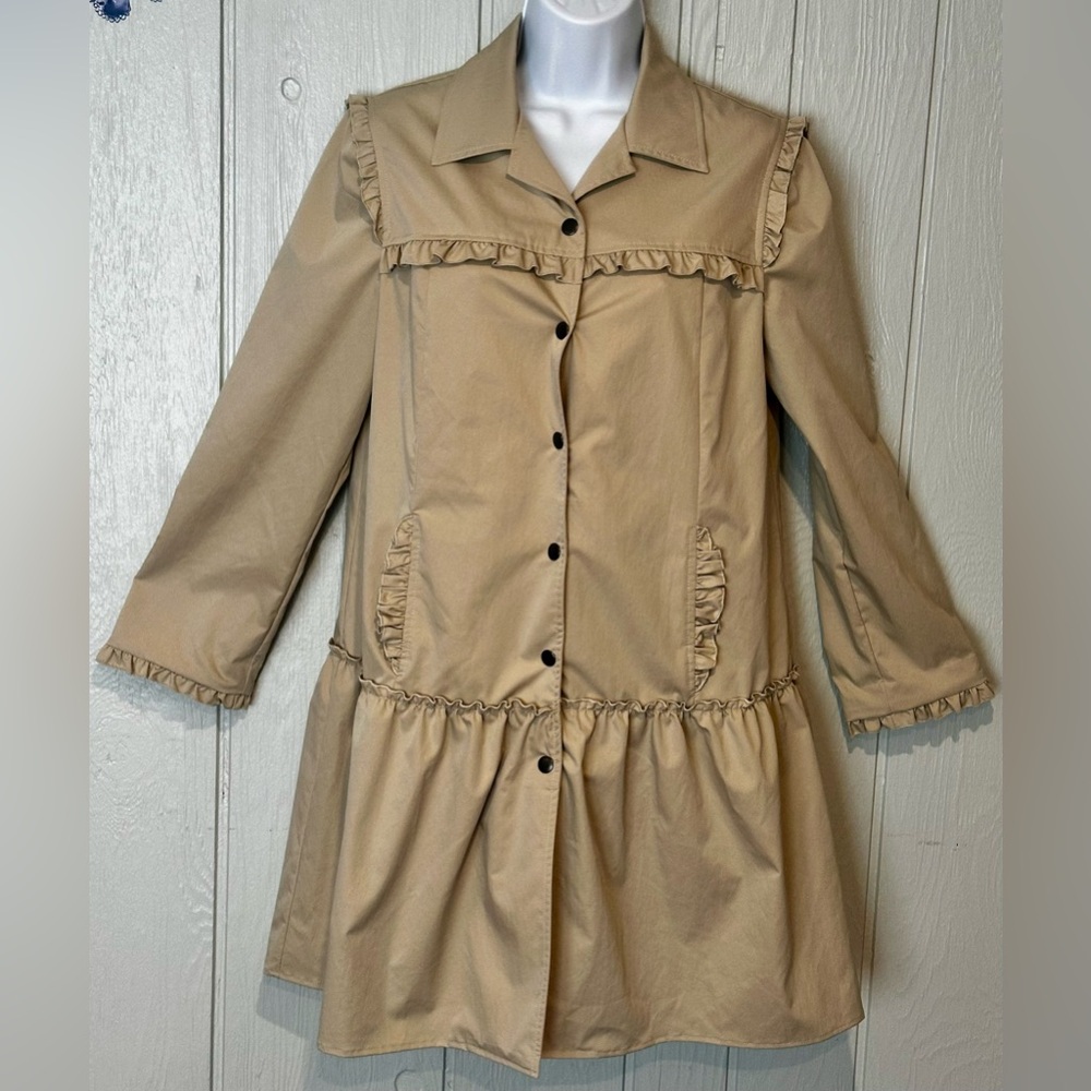DREW Tan Shelly Trench Coat with Ruffle Details